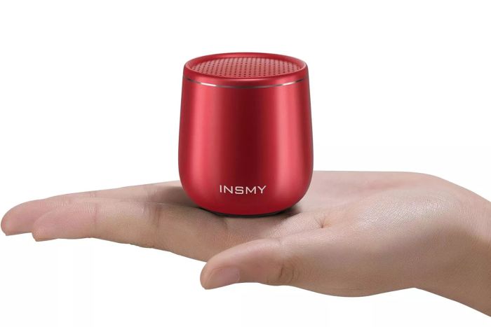 Amazon INSMY Small Bluetooth Speaker, a waterproof, mini portable wireless speaker with punchy bass and rich stereo audio. Features include stereo pairing, handheld size, and a built-in mic for calls, making it perfect for hiking, biking, and as a gift for laptop and tablet users.