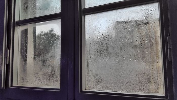A glass window with raindrops clinging to its surface.