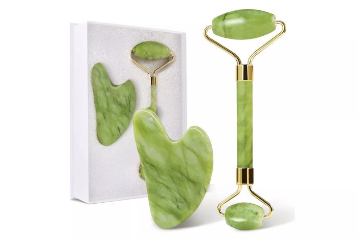 Amazon huefull Gua Sha Facial Tool & Jade Roller Set for skin care, designed to reduce puffiness and improve wrinkles. A self-care gift set that includes a guasha tool for face and body treatments, as well as a jade roller.