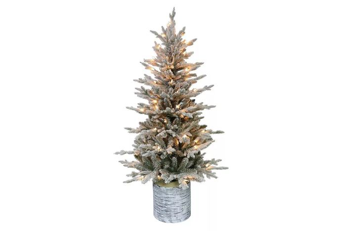 Amazon Puleo International 4.5 Foot Pre-Lit Potted Flocked Arctic Tree