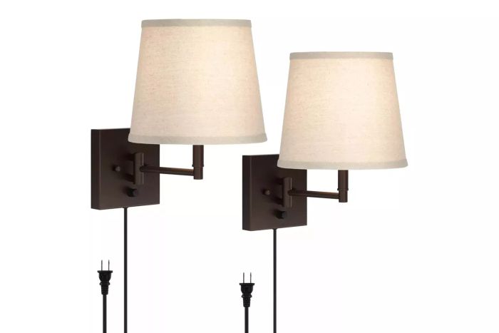 Target 360 Lighting Lanett Modern Swing Arm Wall Lamps Set of 2 Painted Bronze Plug-in Light Fixture Oatmeal Empire Shades for Bedroom Bedside Living Room