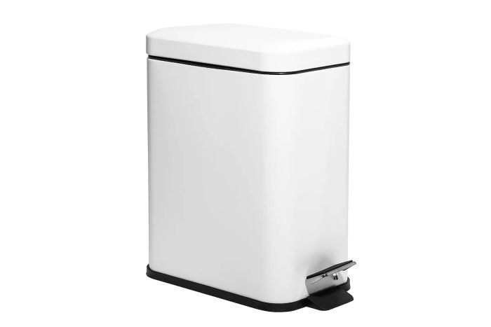 Amazon features the BINO Rectangular Step Trash Can, a 1.3 Gallon/5 Liter stainless steel garbage can with a lid.