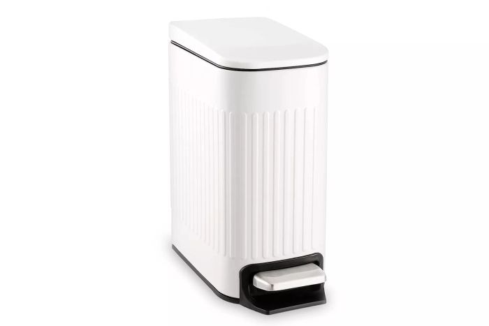 Amazon offers the TrashAid Slim Bathroom Trash Can with Lid, featuring a soft close and a 6 Liter/1.6 Gallon stainless steel design—perfect for smaller spaces.