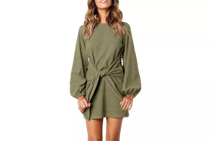 Amazon R.Vivimos Women's Autumn Winter Cotton Long Sleeves Elegant Knitted Bodycon Tie Waist Sweater Pencil Dress