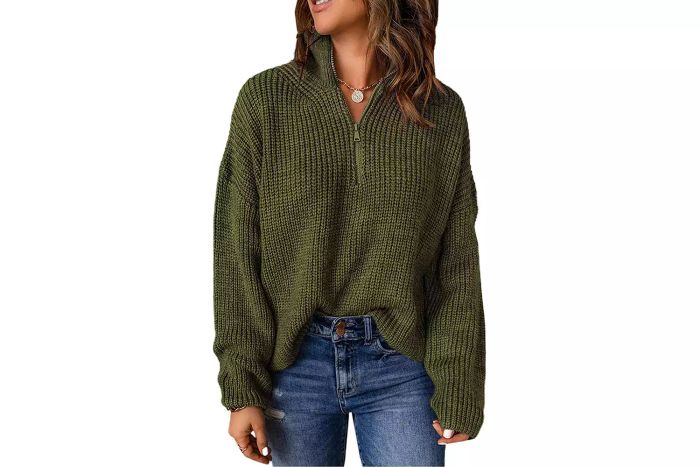Amazon EVALESS Women's Waffle Knit Long Sleeve 1/4 Zip Pullover Polo V-Neck Sweater