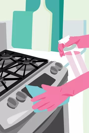 Vibrant illustration of a person cleaning the front of an oven