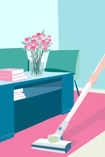 Vibrant illustration of a person vacuuming a pink rug or carpet in a living room