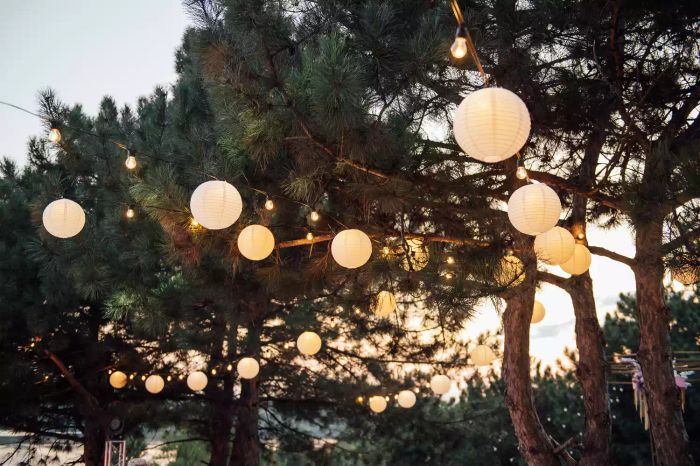 backyard adorned with lantern string lights