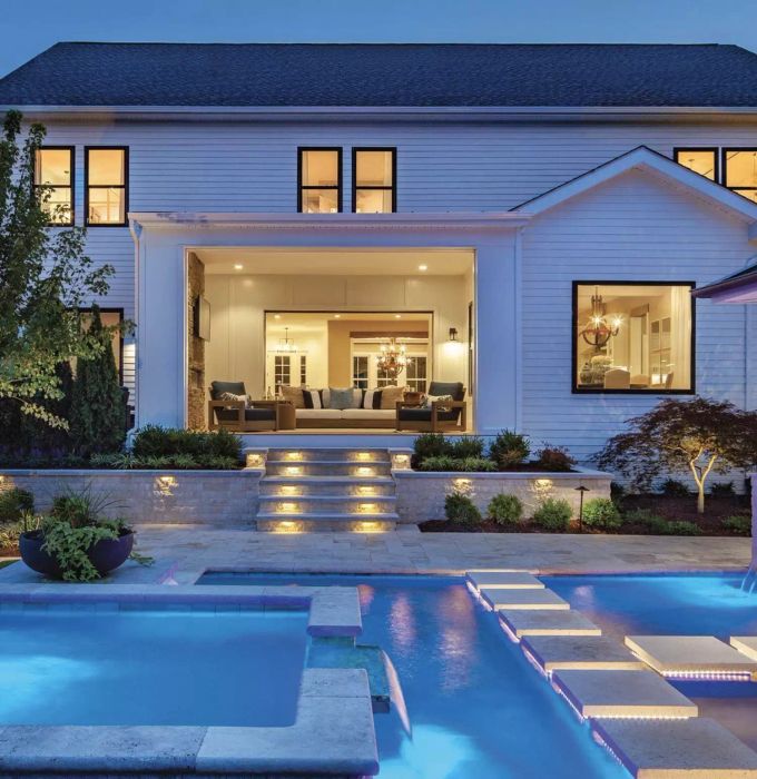 Backyard featuring a pool with recessed ground lighting