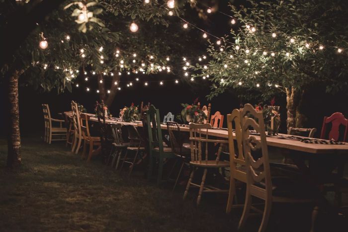 string lights suspended over a long dining table in the backyard
