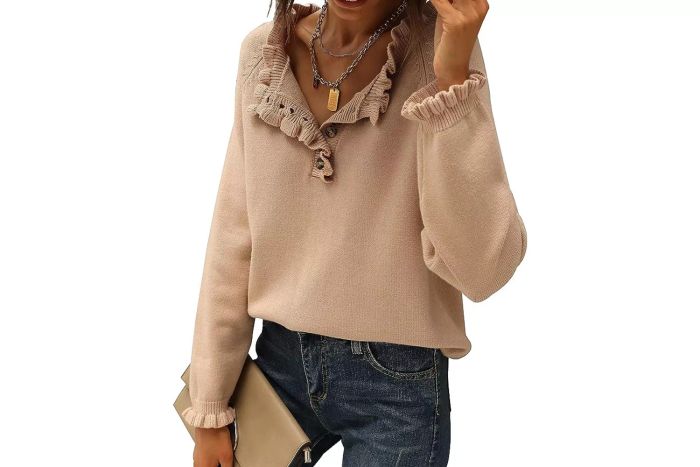 Amazon BTFBM Women's Casual Long Sleeve Button-Down Crew Neck Ruffle Knit Pullover Sweater, Solid and Striped Options