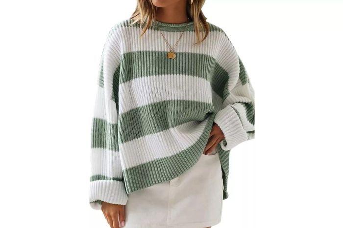 Amazon ZESICA Women's 2023 Fall Long Sleeve Crew Neck Striped Color Block Loose Oversized Comfy Knitted Pullover Sweater