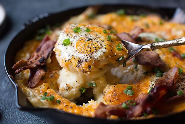 Cheesy Mashed Potato Egg Skillet Casserole