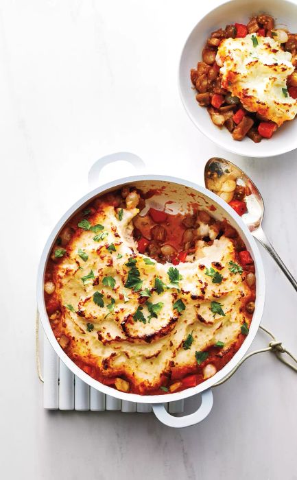 Vegetarian Shepherd’s Pie served in a classic white dish.