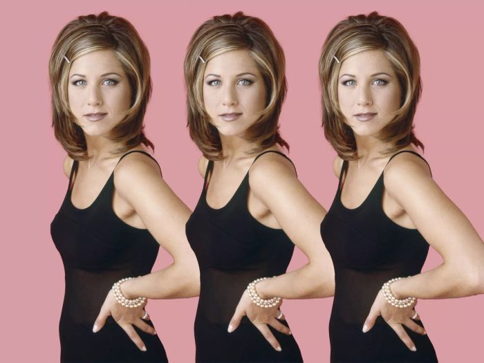 Jennifer Aniston as Rachel from Friends, in triplicate, donning a sleeveless black dress