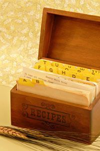 Vintage recipe box with a bread recipe card displayed.