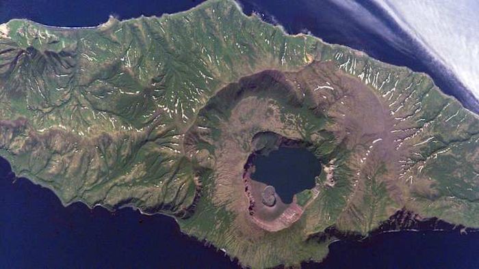 The Zavaritskii Caldera on Simushir Island, the location of a transformative 1831 volcanic eruption, captured from the vantage point of the International Space Station.