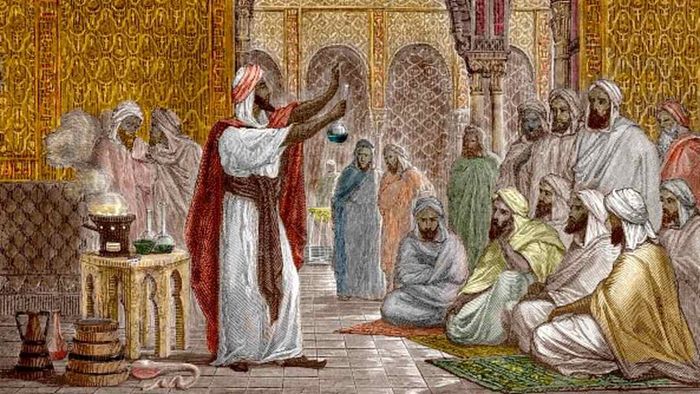 A 19th-century depiction of the Muslim alchemist Geber (Jabir Ibn Hayyan) teaching the principles of chemistry in Greece.