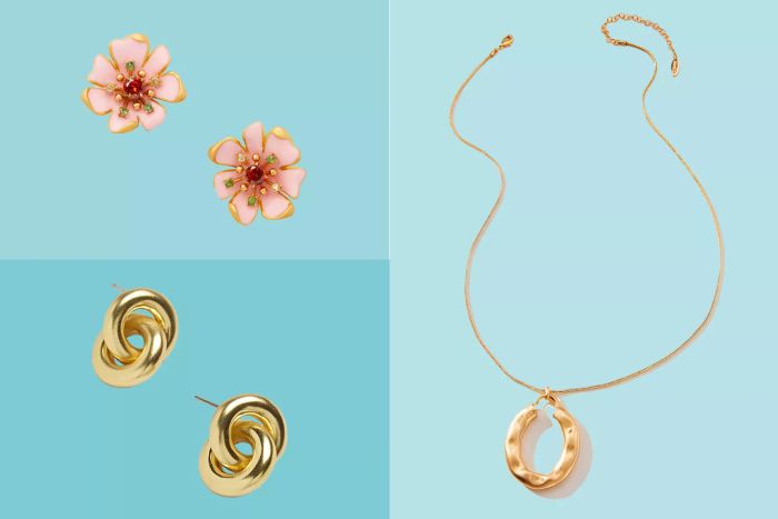 A collection of jewelry from affordable online stores recommended by us, set against a blue background