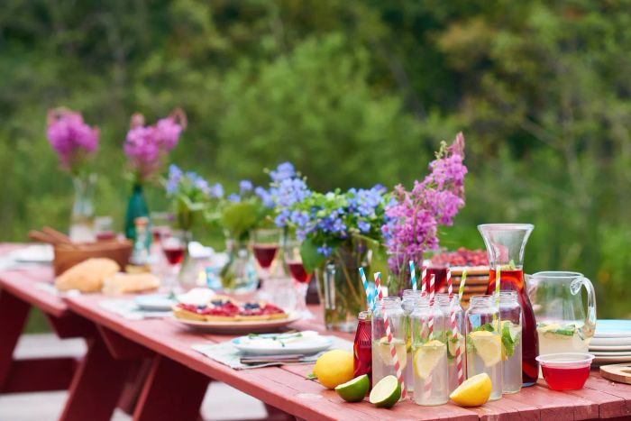 A table prepared for an outdoor gathering