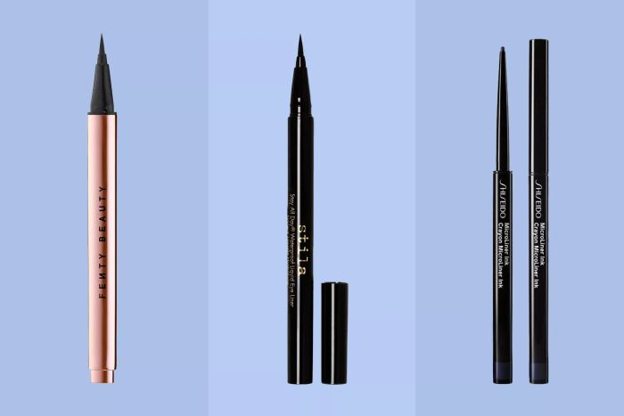 A collection of recommended eyeliners for various eye shapes, set against blue backgrounds