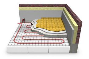A digital illustration showing a cross-section of an electric radiant floor heating system.
