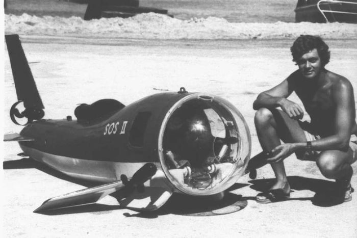 Dr. Donald Nelson alongside the SOS II Shark Observation Submersible, around 1978.