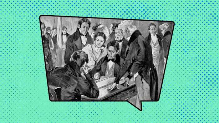 A depiction of Samuel Morse and his team transmitting the inaugural telegraph message from 'The Story of the Nineteenth Century of the Christian Era,' published in 1900.