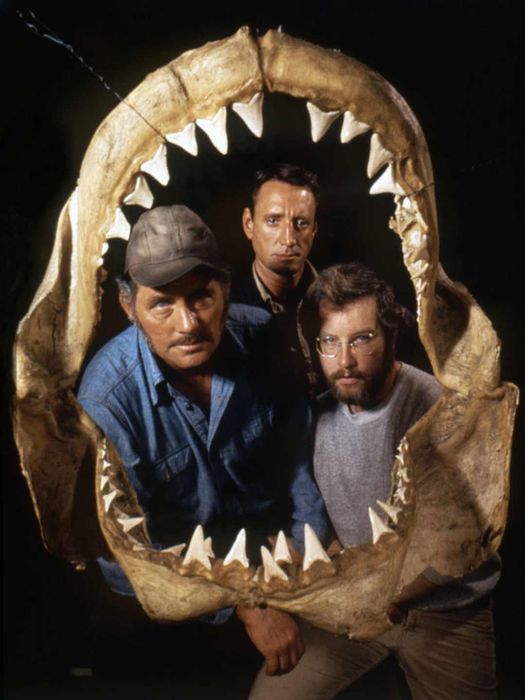 Richard Dreyfuss, Robert Shaw, and Roy Scheider on the set of 'Jaws' (1975).