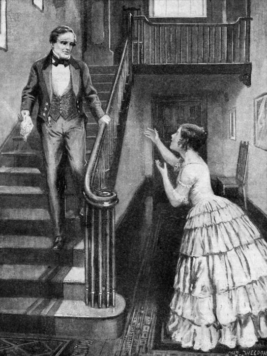 Samuel Morse descending a staircase as Annie Ellsworth excitedly speaks to him from the hall beside the banister.