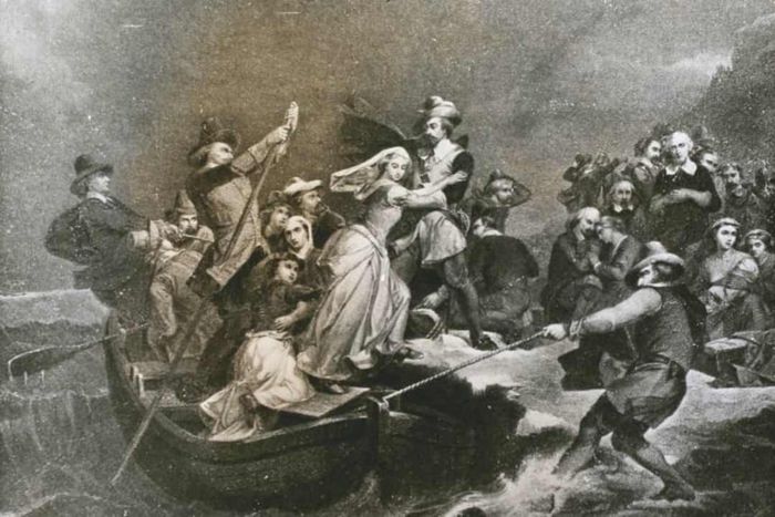 Pilgrims arriving at Plymouth Rock