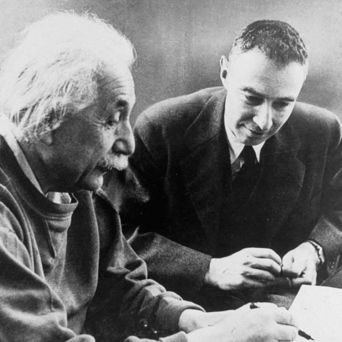J. Robert Oppenheimer and Albert Einstein.