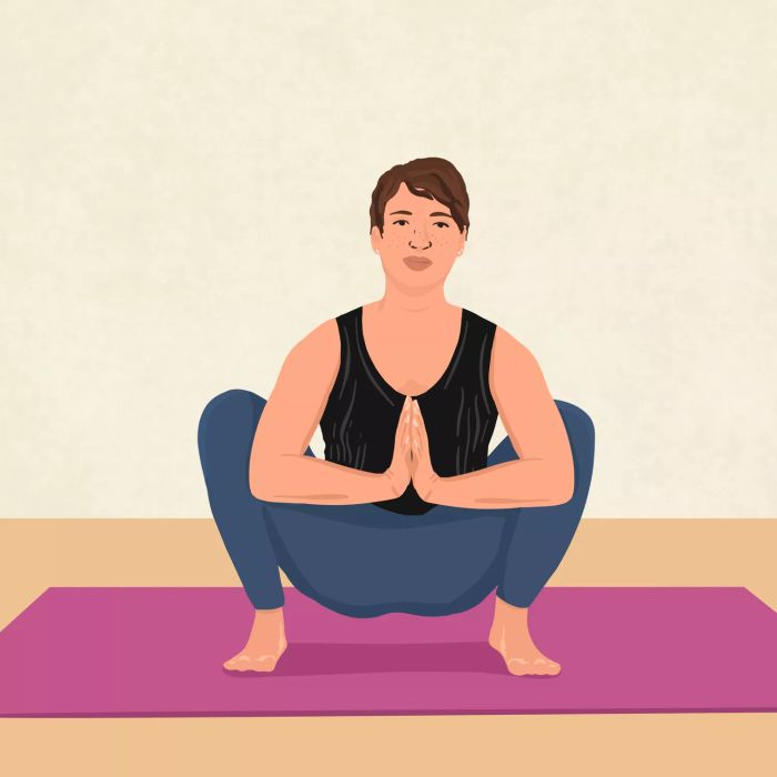 Pelvic floor exercise: static squat Malasana yoga pose to stretch and relax the pelvic floor and hips.