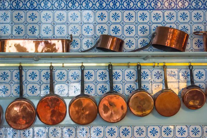 Copper pots hanging in a kitchen