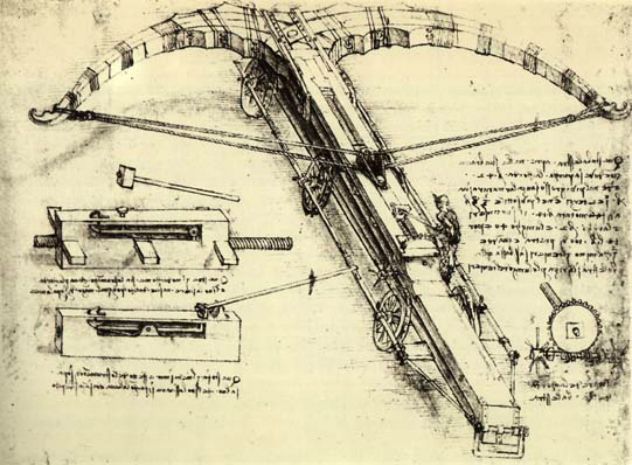 Leonardo da Vinci's giant crossbow was designed for pure intimidation, measuring 42 braccia (27 yards) across. The device would have six wheels (three on each side) for mobility, and the bow itself would be made of thin wood for flexibility.