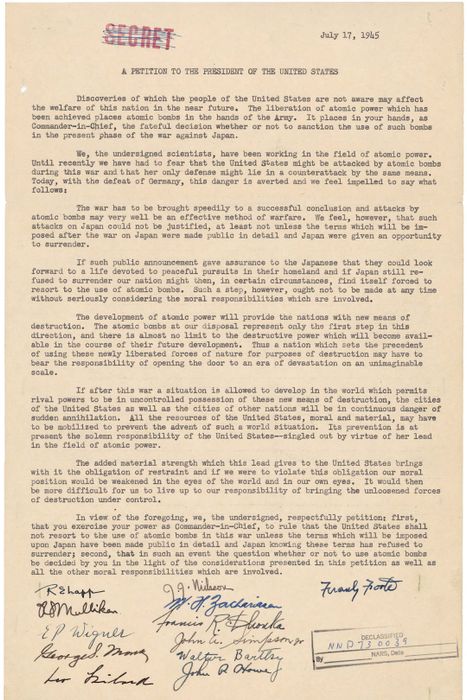 The Szilard petition to President Harry Truman in 1945, which argued against using the atomic bomb on Japan.
