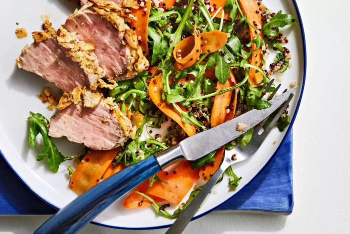 Pork Tenderloin with a Crunchy Potato Chip Crust and Carrot-Quinoa Salad