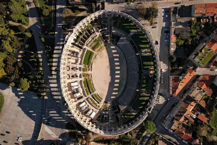 An aerial view of the ancient Roman amphitheater in Pula, Croatia.