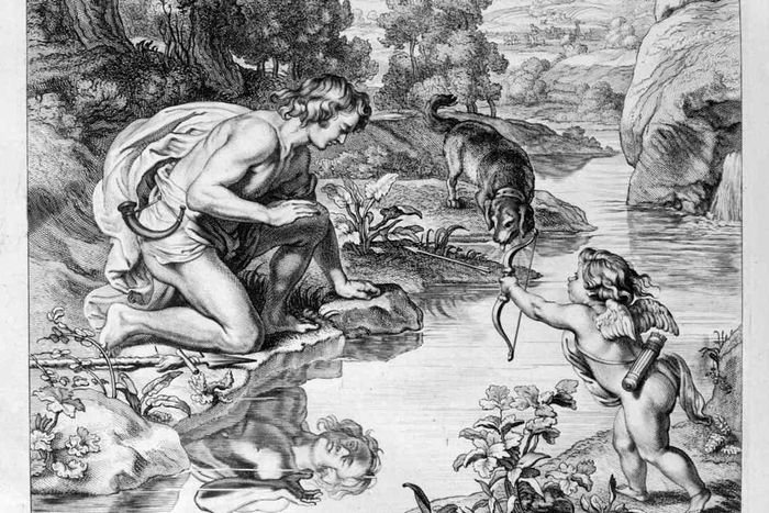 Narcissus in love with his own reflection, 1655. Artist: Michel de Marolles