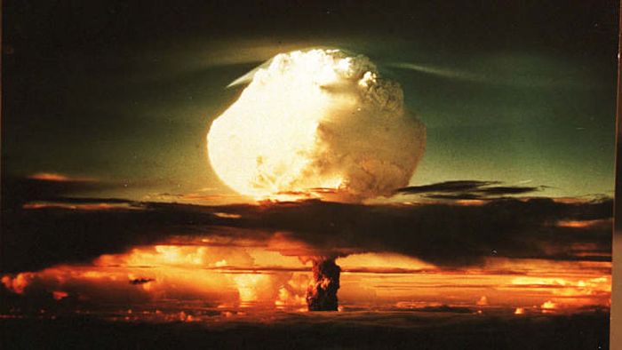 A photo displayed at the Bradbury Science Museum in Los Alamos National Laboratory captures the first thermonuclear test on October 31, 1952.