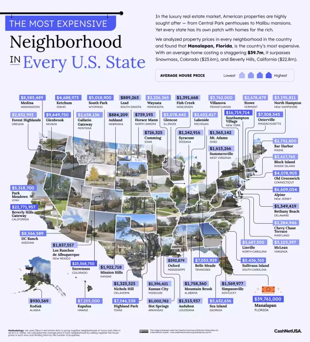 A map showcasing the priciest neighborhoods in each U.S. state.