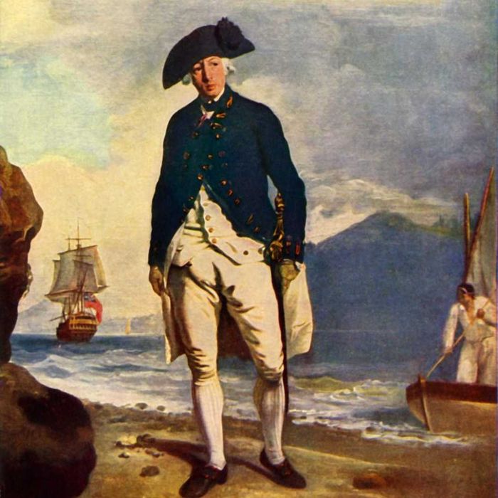 A portrait of Captain James Cook, standing on a beach with a ship in the background