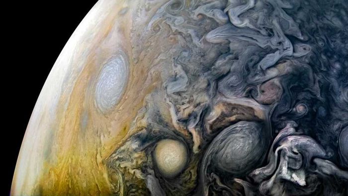 A color-enhanced view of Jupiter captured by NASA's Juno spacecraft in 2017.