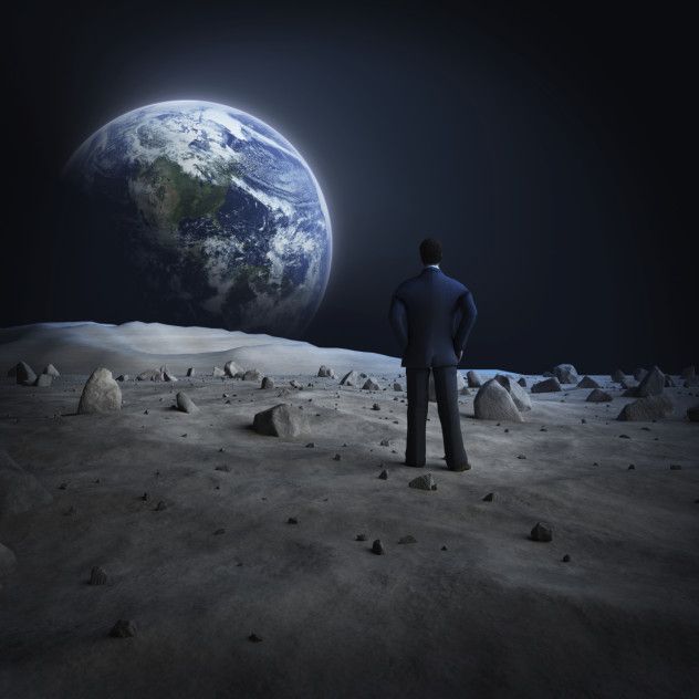 Moon gazing at Earth in a minimalist spacesuit