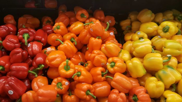 Red, orange, and yellow bell peppers
