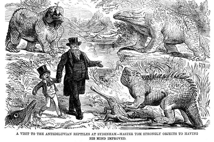 A cartoon of a Victorian boy terrified by Benjamin Waterhouse Hawkins's dinosaurs