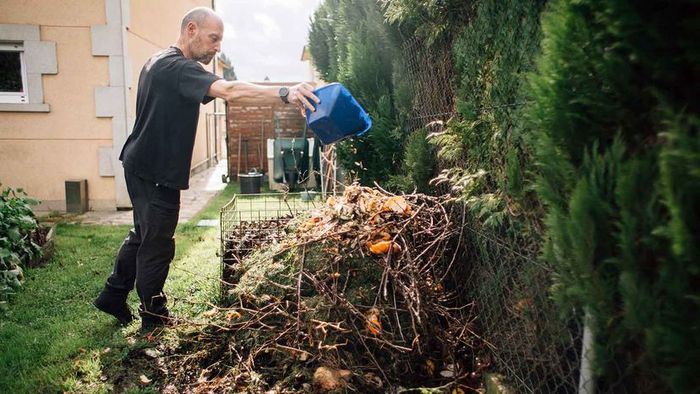 A person adds kitchen scraps to a compost pile in their backyard.