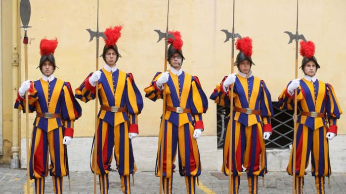 Swiss Guards on duty at their post in Vatican City, 2017.