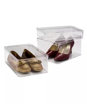 Two Medium-Sized Transparent Shoe Boxes Holding Brown Heels and Gold Loafers