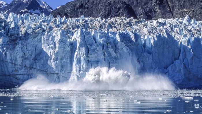 Calving is a process through which glaciers shed ice.